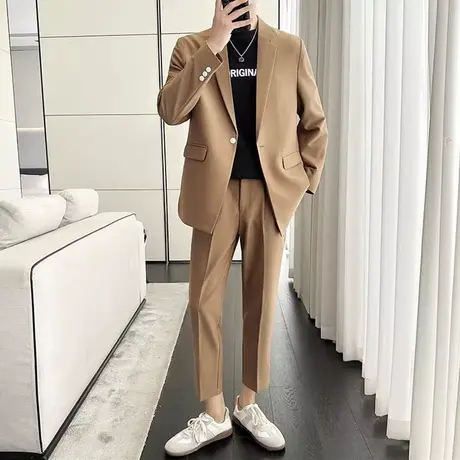 春夏薄款西装男休闲宽松垂感外套潮流痞帅白色西服搭配修身九分裤图片