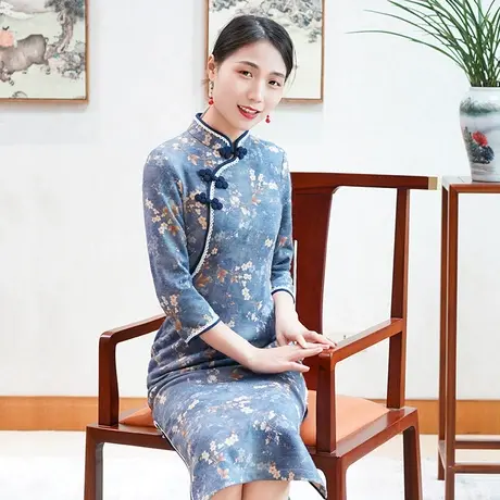 筠雅改良旗袍2022年新款春季时尚长袖日常斜襟中式盘扣中国风女装图片