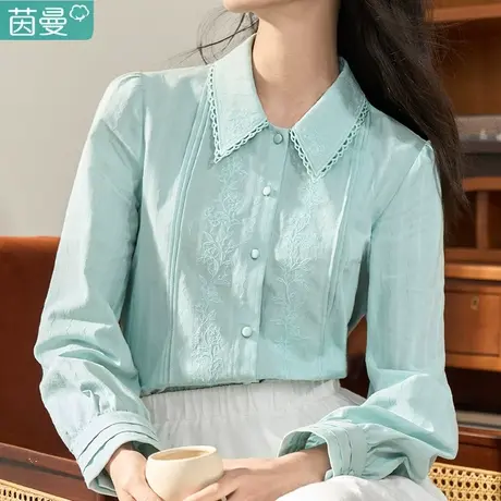 茵曼纯棉衬衫长袖衬衣2023年新款女春秋法式上衣打底衫蓝色高级感图片