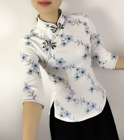 傲雪屋名国风文艺复古改良中袖旗袍上衣中式修身显瘦唐装女茶艺服商品大图