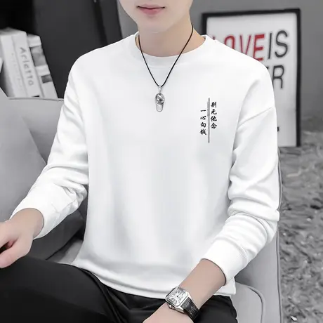 春秋款圆领卫衣男潮ins白色套头无帽秋季上衣加绒宽松潮流长袖t恤商品大图