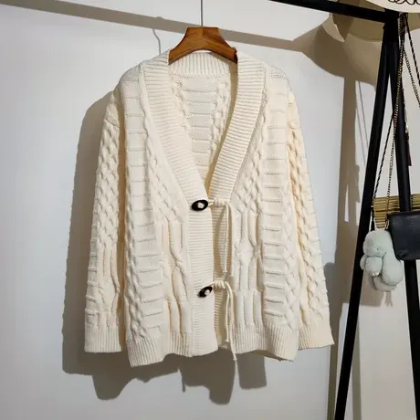 中长款针织开衫女秋冬新款韩系v领宽松慵懒麻花毛衣加厚大衣外套商品大图