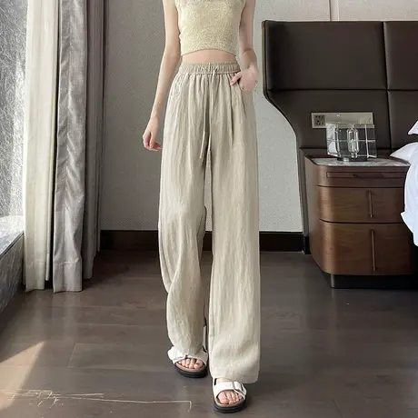 冰丝阔腿裤女夏季薄款棉麻裤子垂感抽绳显瘦宽松亚麻直筒裤休闲裤商品大图