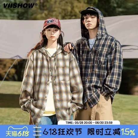VIISHOW格子长袖衬衫男25春季新款美式复古宽松潮牌衬衣连帽外套图片