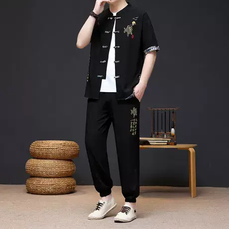 2025夏季新款男士短袖衬衫九分裤套装潮流时尚唐装个性开衫汉服装图片