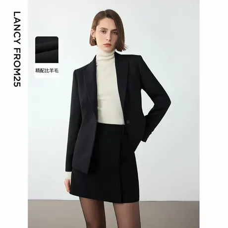 朗姿2024年冬季新款高级感职业气质羊毛西装外套黑色通勤西服上衣图片
