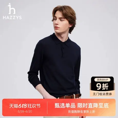 HAZZYS哈吉斯秋季新款休闲羊毛衫纯色针织衫男款时尚翻领套头上衣图片