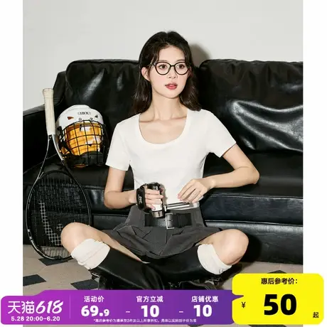 唐狮净色U领白色正肩T恤女2025夏季新款爆款短袖女温柔修身上衣sz商品大图