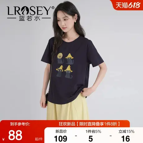 蓝若水大码女装2025夏季新款趣味猫咪印花短袖T恤微胖MM宽松上衣商品大图