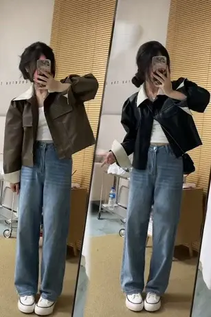 2023春季新款pu机车皮衣外套女撞色翻领短款宽松长袖夹克酷潮ins商品大图