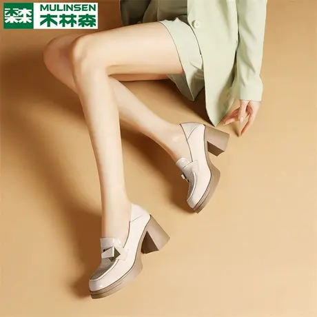 木林森小皮鞋女2025年夏季新款百搭漆皮单鞋小个子高跟粗跟乐福鞋图片