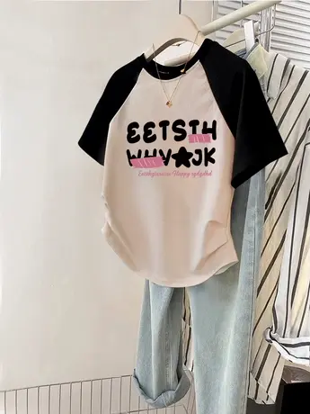 美式甜酷风hiphop潮牌大码T恤夏修身短款女装上衣ins插肩撞色短袖商品大图