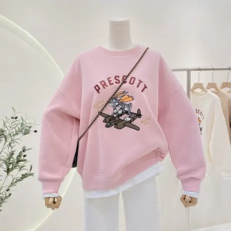 复古卡通刺绣兔子设计感小众假两件拼接宽松圆领长袖卫衣女上衣商品大图