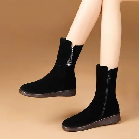 中筒靴女2023新款平底靴子真皮短靴复古磨砂妈妈鞋大码休闲厚底靴商品大图