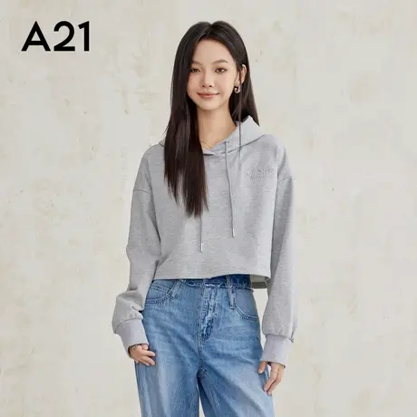 A21女装2025新款时尚宽松显瘦针织连帽落肩短款无绒底连帽卫衣图片