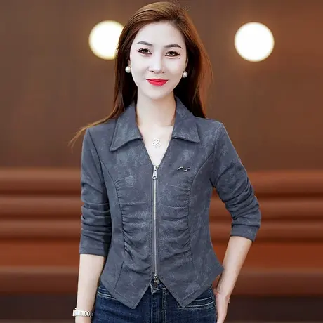 拉夏贝尔翻领长袖T恤女修身褶皱短款长袖上衣2025秋新款拉链外套图片