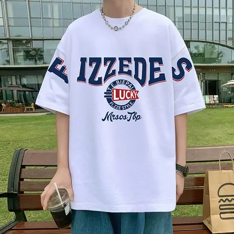 短袖T恤男夏季2025新款港风纯棉青少年潮牌宽松半袖上衣服打底衫商品大图