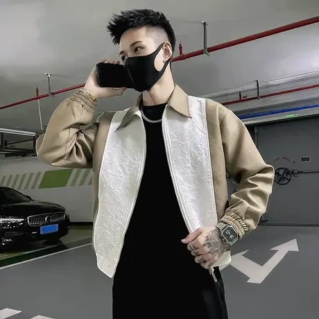 2023秋季机车休闲翻领夹克潮ins痞帅撞色拼接个性设计感短款外套商品大图