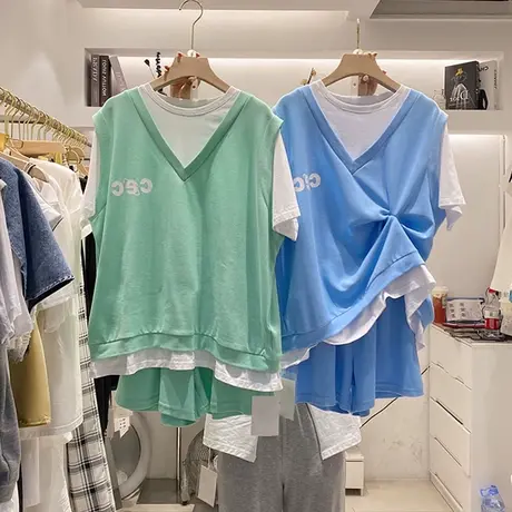 套装2023年新款女夏季宽松休闲运动两件套学生港风假两件短袖T恤商品大图