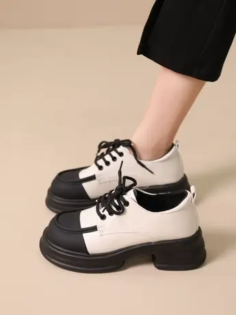 厚底单鞋女2023年新款系带英伦风大头网红小皮鞋百搭女鞋子乐福鞋图片