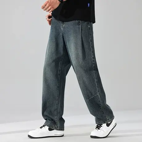 唐狮春秋季新款牛仔裤男阔腿裤褶简设计感复古美式高街直筒长裤TE商品大图