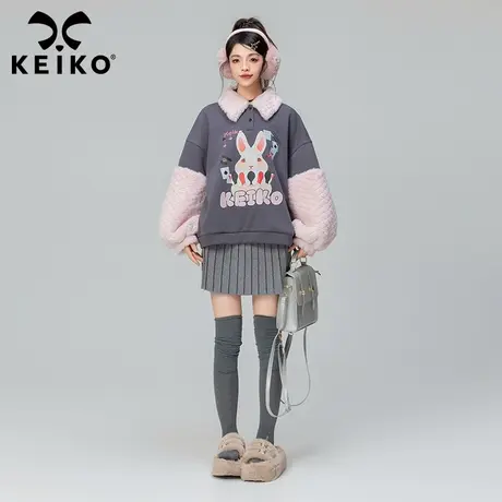 KEIKO 撞色polo领卫衣外套2023秋冬慵懒风羊羔毛拼接加厚宽松上衣商品大图