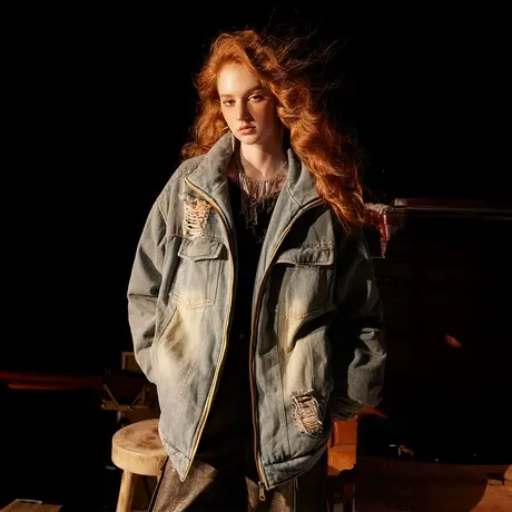 水洗破洞棉服女冬季加厚牛仔外套2023年新款做旧潮牌复古宽松棉衣商品大图