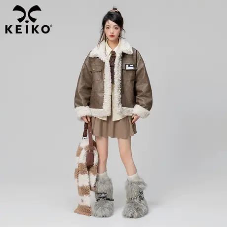 KEIKO 复古棕色皮衣外套夹棉加厚秋冬美拉德毛绒拼接环保皮草棉服商品大图