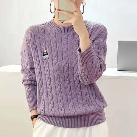 秋冬2023年新款圆领复古麻花加厚毛衣女高级感针织打底衫外穿上衣商品大图