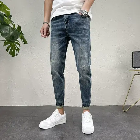 2023秋冬新款破洞小脚牛仔裤修身潮流猫须刮烂铅笔裤小直脚裤男裤商品大图