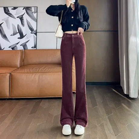 灯芯绒裤子女秋冬季加绒加厚酒红色休闲显瘦直筒条绒高腰喇叭裤子图片