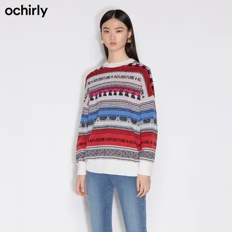 黑标系列欧时力新款春装撞色羊毛波西米亚宽松毛衣女1NH303626F商品大图