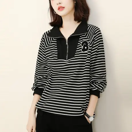 新品8.5折】美式复古立领条纹卫衣女士宽松加绒套头上衣图片