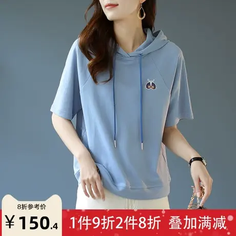 宝诗黎连帽刺抽绳绣薄款卫衣女2023夏季新款短袖休闲时尚宽松上衣商品大图