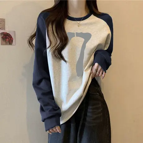 插肩圆领加绒加厚卫衣女秋冬2023年新款宽松韩版vintage长袖上衣商品大图