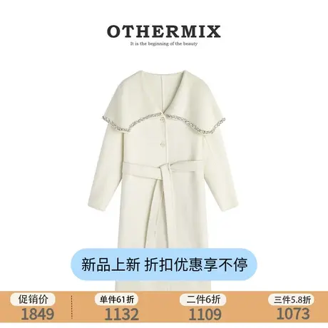othermix娃娃领中长款羊毛大衣女2023冬季新款宽松气质羊毛绒外套图片