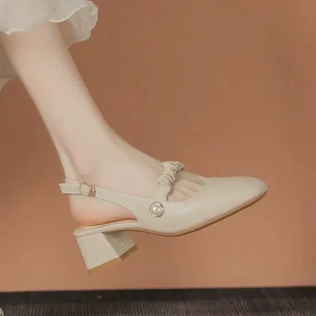 法式真皮包头凉鞋女2023年新夏款韩系粗中跟仙女配裙玛丽珍高跟鞋商品大图