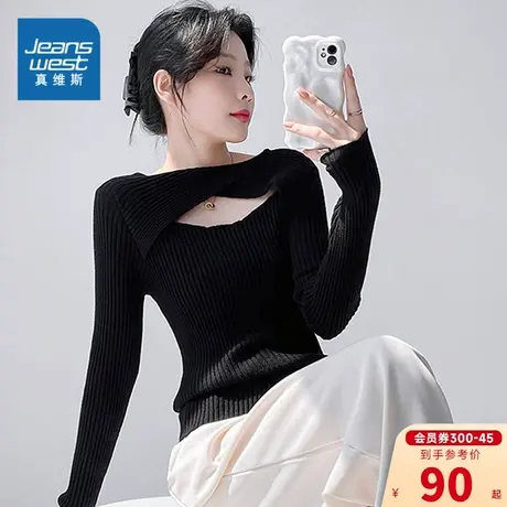 EI真维斯2024春季新款女装时尚圆领破洞设计感上衣修身款长袖毛衣商品大图