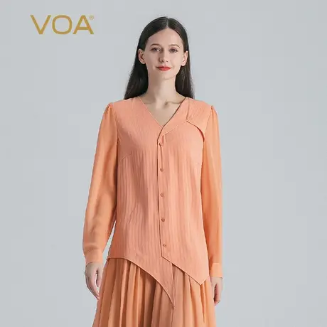 VOA41姆米无界重磅厚实桑蚕丝V领拼接乔其丝绸长袖宽松真丝T恤衫商品大图