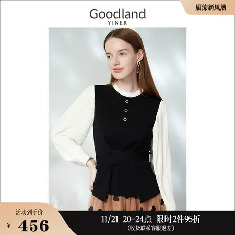 Goodland美地女装2023春季时尚法式撞色设计感木耳边针织衫商品大图