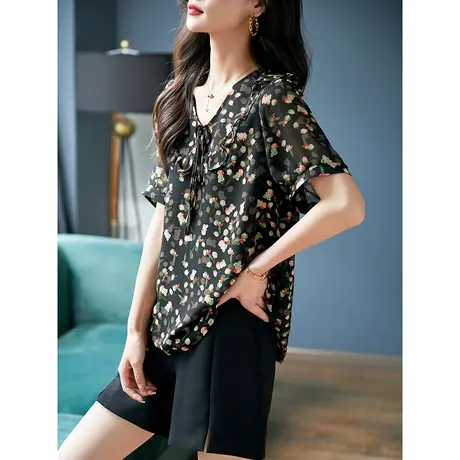 宝诗黎娃娃领系带印花短袖雪纺衫女2025夏季新款宽松衬衣减龄小衫商品大图