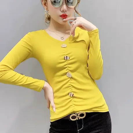 2023春秋新款潮时尚V领T恤女长袖设计感洋气上衣修身百搭打底小衫商品大图