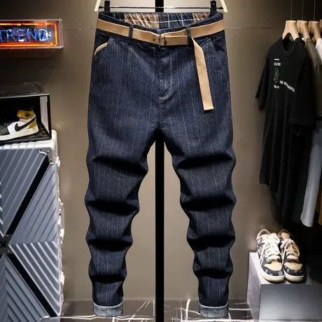 夏季薄款日系条纹牛仔裤男修身小脚韩版潮流男士长裤子百搭直筒裤商品大图