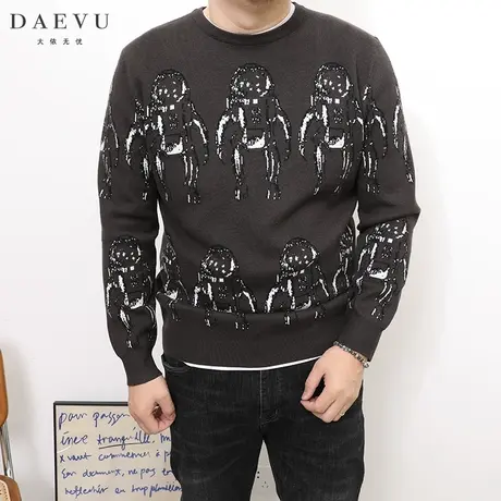 DAEVU冬新款宇航员大号潮胖子加肥加大码男士长袖圆领毛衣针织衫商品大图