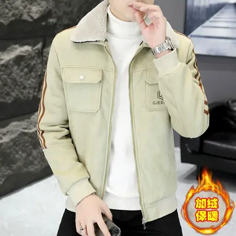 冬季鹿皮绒带毛领夹克男士加厚潮流外套休学生闲帅气加绒短款风衣商品大图