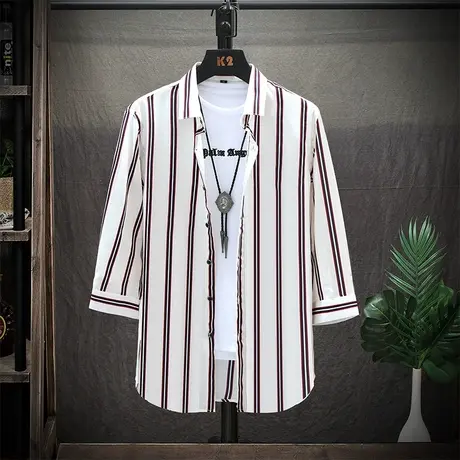 七分痞帅袖衬衫男潮2025百搭潮流竖条纹外套男士短袖寸衣中袖衬衣商品大图
