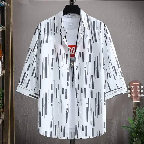 短袖衬衫男夏季条纹冰丝七分袖衬衣男士休闲宽松五分中袖潮流寸衫图片