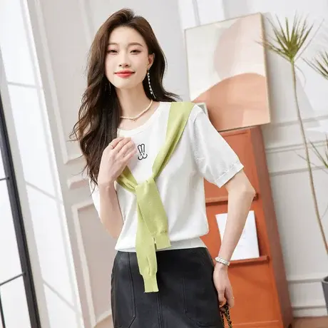 时尚气质温柔短袖针织衫2023年夏季新款女士简约宽松显瘦听取上衣商品大图