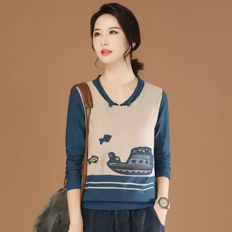 韩潮袭人文艺刺绣拼色长袖套头针织衫女2024春季新款宽松休闲毛衣图片