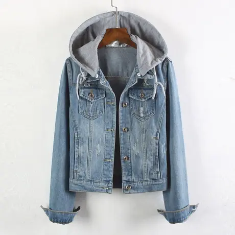 牛仔外套女连帽带帽春秋短款修身韩版新款学生长袖牛仔服大码上衣商品大图